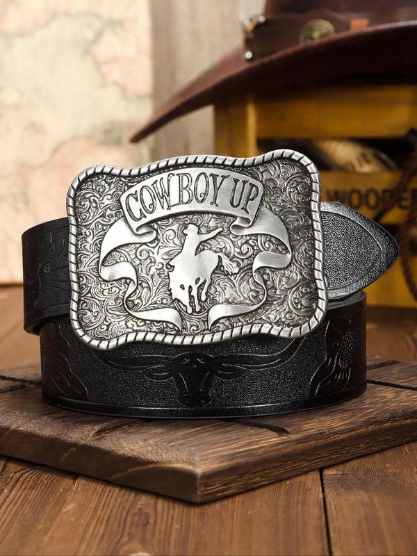 Men's Boho Style Cowboy Design Pu Buckle Belt, Vintage Western Belt for Party, Daily Clothing Decor, Trendy All-match & Exquisite Belt for Birthday Gift