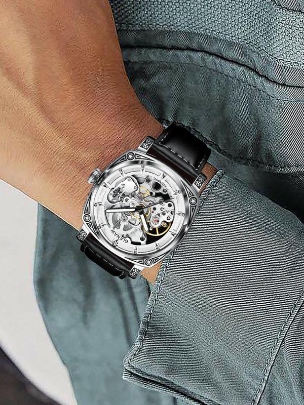 Men's Vintage Fashion Automatic Mechanical Watch, Round Dial Engraved Dial Analog Wrist Watch, with Pu Leather Strap, with Box for Men