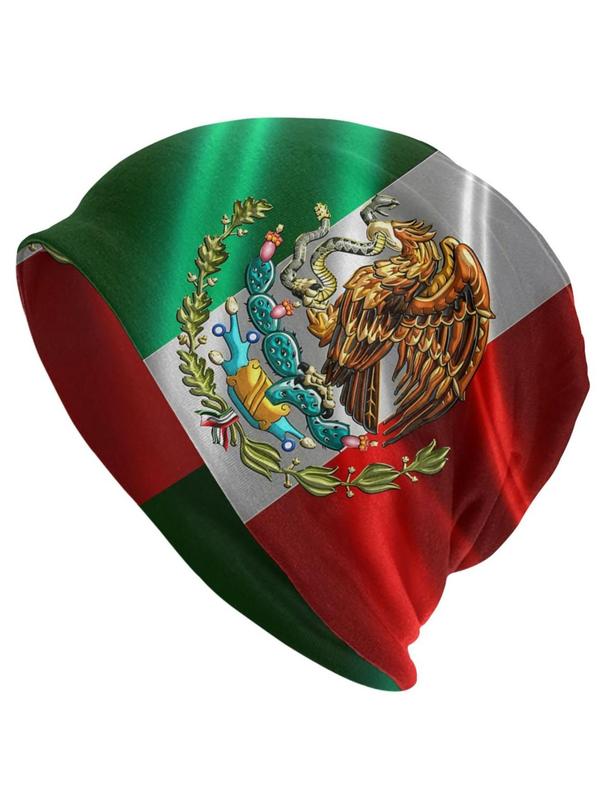 Mexico Flag & Eagle Print Beanie Cap,  Street Trend Beanie Hat, Color-block Ski Caps, Bonnet Hats for Fall & Winter, Fashion Accessories for Men & Women