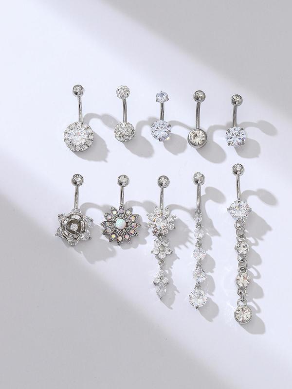 10pcs set Luxury Rhinestone Flower Decor Belly Button Ring, Women's Belly Piercing Body Jewelry, For Crop Top Decor