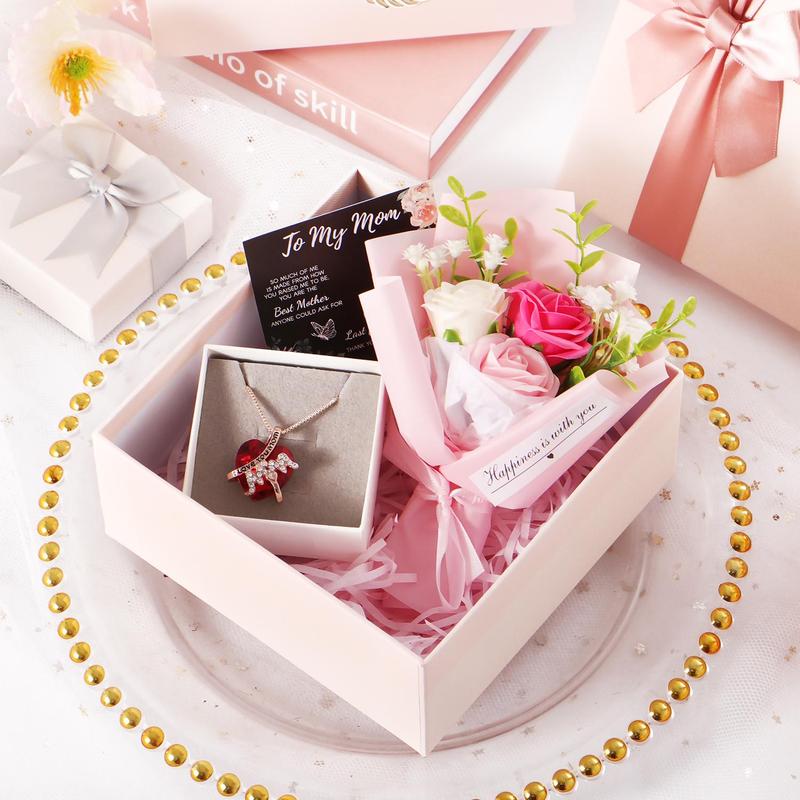 To My Mom Gift Set, Heart Shaped Pendant Necklace & Flower Bouquet & Gift Box & Greeting Card, Summer Gifts Set for Mom