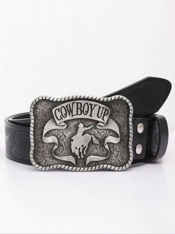 Men's Boho Style Cowboy Design Pu Buckle Belt, Vintage Western Belt for Party, Daily Clothing Decor, Trendy All-match & Exquisite Belt for Birthday Gift