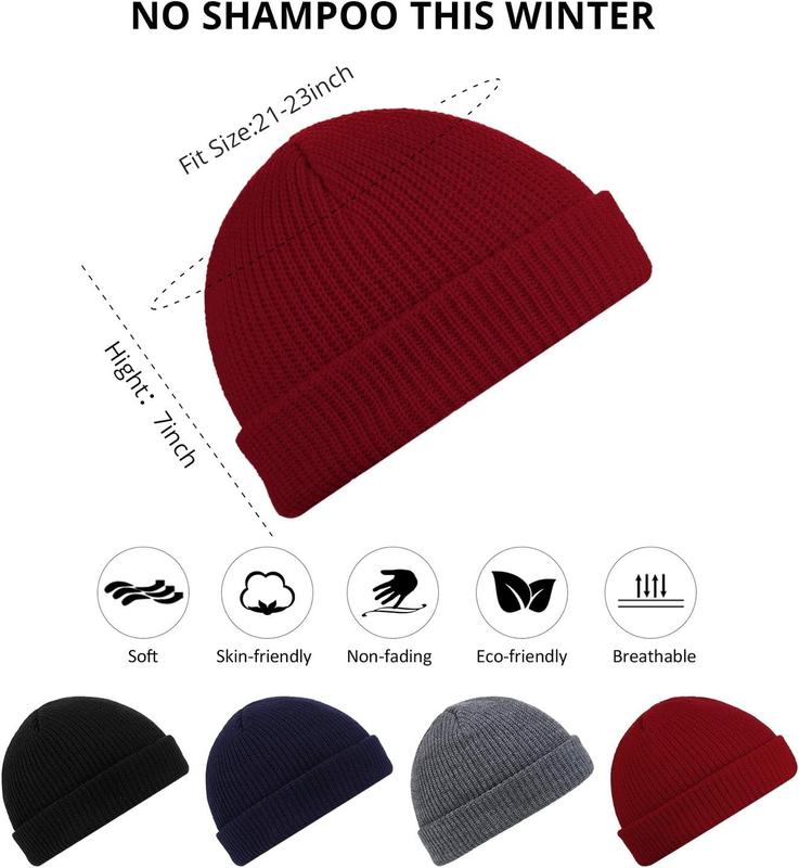 4-Pack Polyester Knitted Beanies - Elastic, Lightweight, Hand Washable - Unisex Skull Cap & Fisherman Style Hats with Roll-Up Edge