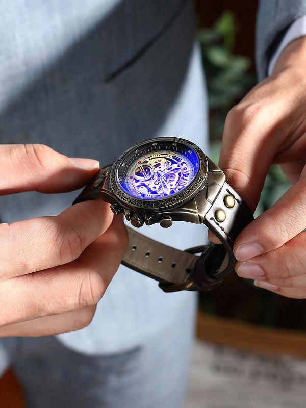 Men's Vintage Automatic Mechanical Watch, Fashion Luminous Hands Watch for Party, Daily Clothing Decor, Trendy All-match & Exquisite Watch for Birthday Gift with Box