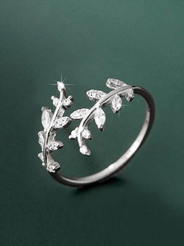 Women's Elegant Rhinestone Decorated Leaf Design Cuff Ring, Exquisite Trendy Ring, Fashionable Jewelry for Women As Gift