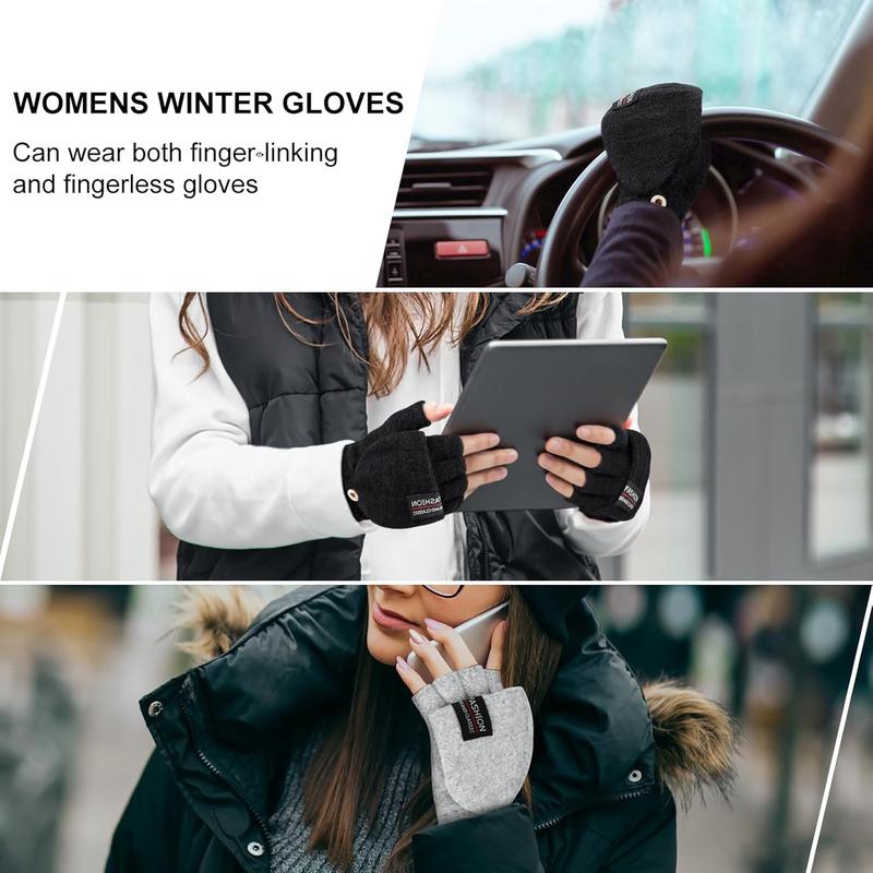 Womens Winter Gloves, 2 Pack Warm Knitted Convertible Fingerless Gloves for Women Gifts with Mittens Cover Cap