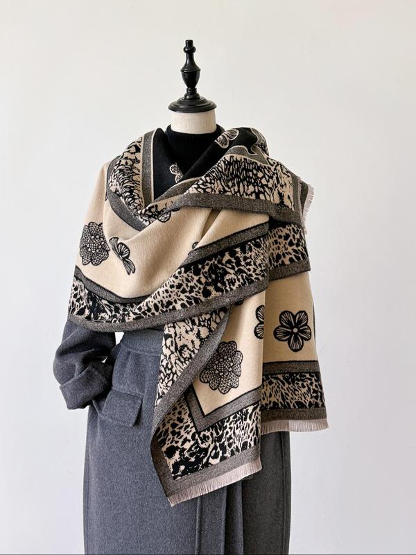 Women's Boho Style Leopard & Floral Print Scarf, Casual Trendy Warm Thick Shawl, Fashionable Soft Scarf for Fall & Winter