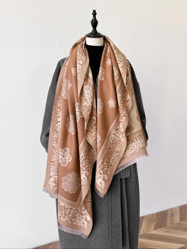 Women's Boho Style Leopard & Floral Print Scarf, Casual Trendy Warm Thick Shawl, Fashionable Soft Scarf for Fall & Winter