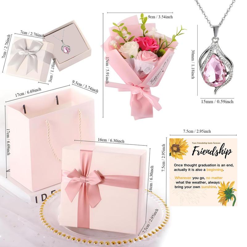 To My Mom Gift Set, Heart Shaped Pendant Necklace & Flower Bouquet & Gift Box & Greeting Card, Summer Gifts Set for Mom