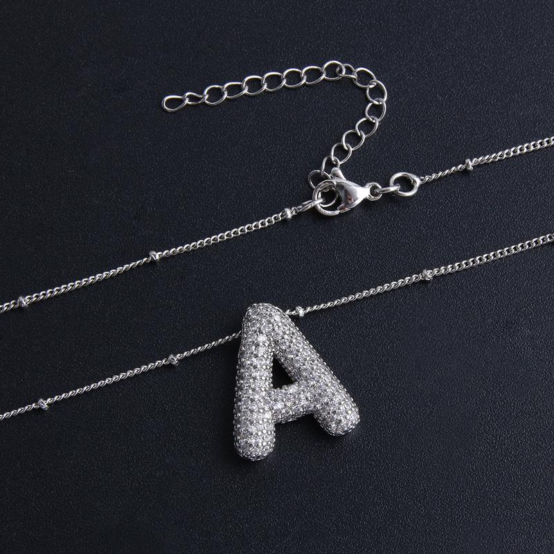 Bubble Letter Necklace Silver Plated with CZ - Trendy Initial Necklace, Neckalce for Women Men