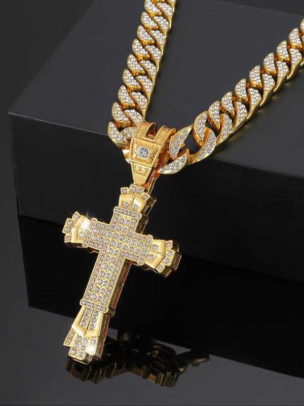 Unisex Street Style Chunky Cuban Necklace with Cross Design, Luxury Jewelry Casual Trendy Rhinestones Decorated Pendant Chain Cross Necklaces Cuban Chain, Fashion Accessories for Daily & Party Decoration