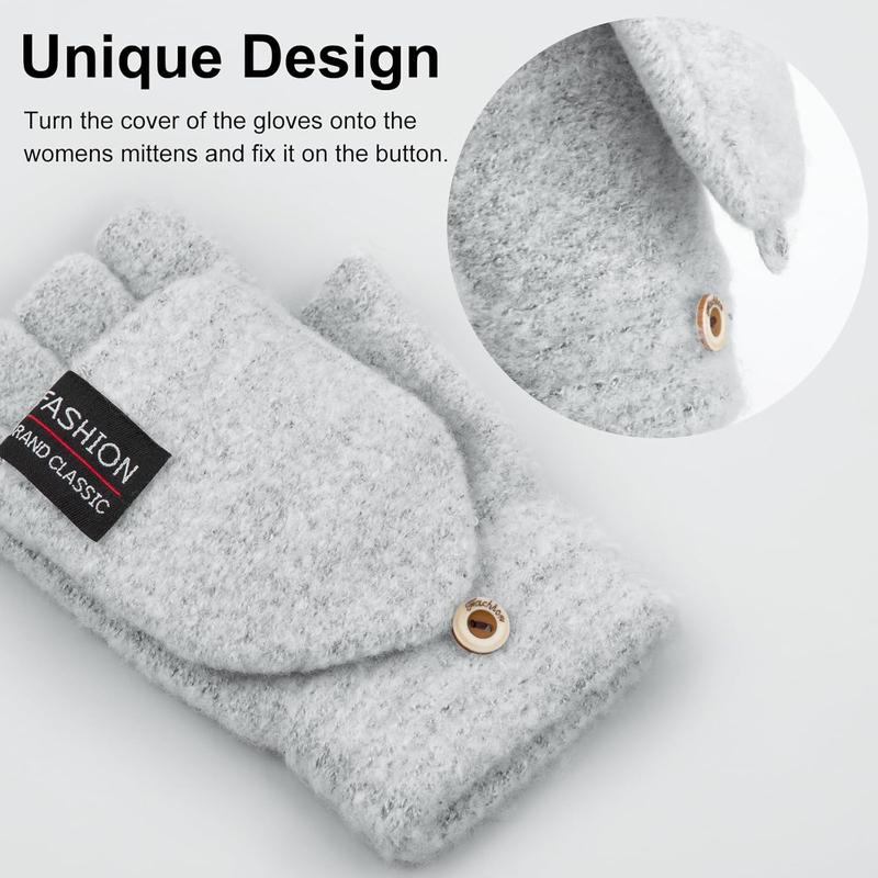 Womens Winter Gloves, 2 Pack Warm Knitted Convertible Fingerless Gloves for Women Gifts with Mittens Cover Cap