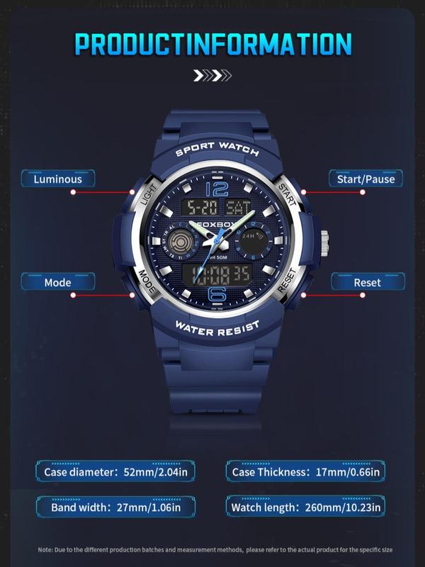 Men's Sporty Digital Analog Quartz Watch, Fashionable Luminous Waterproof Watch with Silicone Strap, Trendy Watch with Box for Daily Life