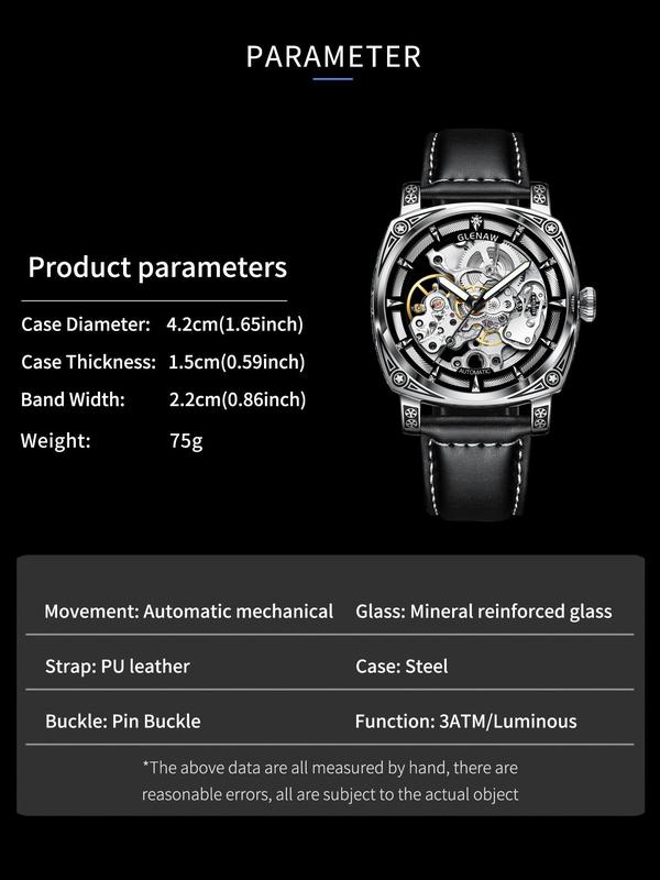 Men's Vintage Fashion Automatic Mechanical Watch, Round Dial Engraved Dial Analog Wrist Watch, with Pu Leather Strap, with Box for Men