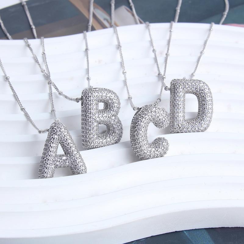 Bubble Letter Necklace Silver Plated with CZ - Trendy Initial Necklace, Neckalce for Women Men