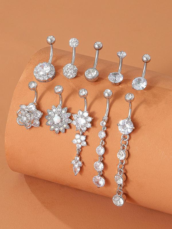 10pcs set Luxury Rhinestone Flower Decor Belly Button Ring, Women's Belly Piercing Body Jewelry, For Crop Top Decor