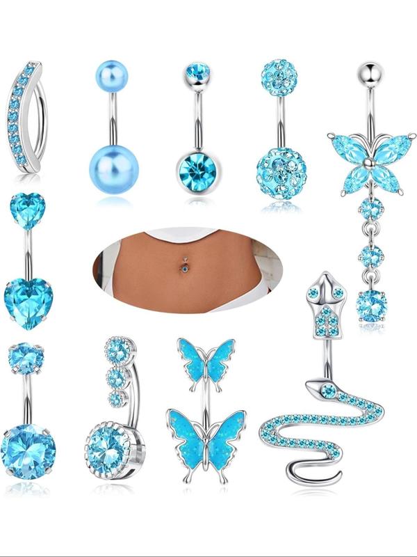 Butterfly & Snake & Heart Design Belly Ring, Rhinestone Decor Belly Piercing Set, Body Piercing Jewelry for Women & Girls