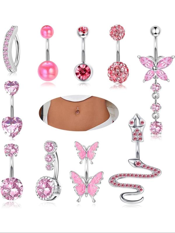 Butterfly & Snake & Heart Design Belly Ring, Rhinestone Decor Belly Piercing Set, Body Piercing Jewelry for Women & Girls