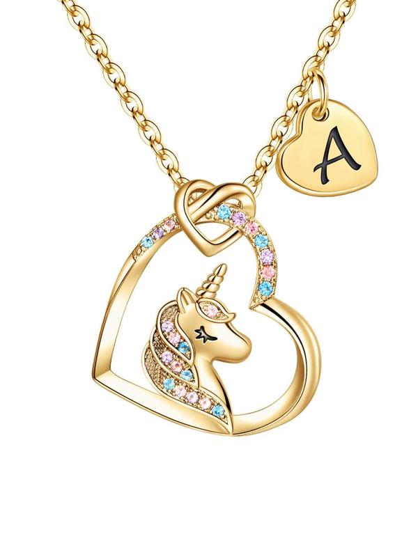 Unicorn Design Pendant Necklace for Women & Girls, Rhinestone Decor Heart Necklace Jewelry for Birthday Gifts, Fashion Accessories for Party, Daily Decor