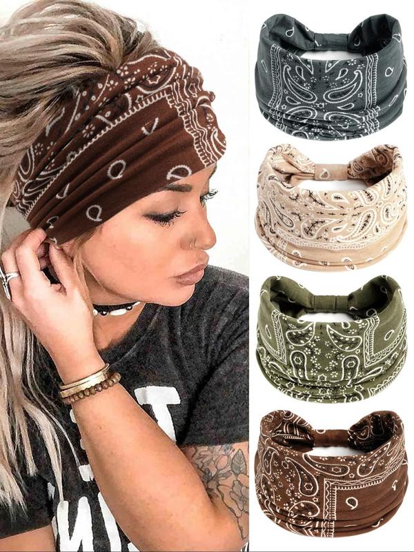 Paisley Pattern Knot Design Hair Band, 4 Counts Boho Wide Elastic Hair Wraps for Gym Workout, Hairstyles Ideas, Hair Accessories for Yoga Wear, Dance for Cute Hairstyles, Birthday Gifts