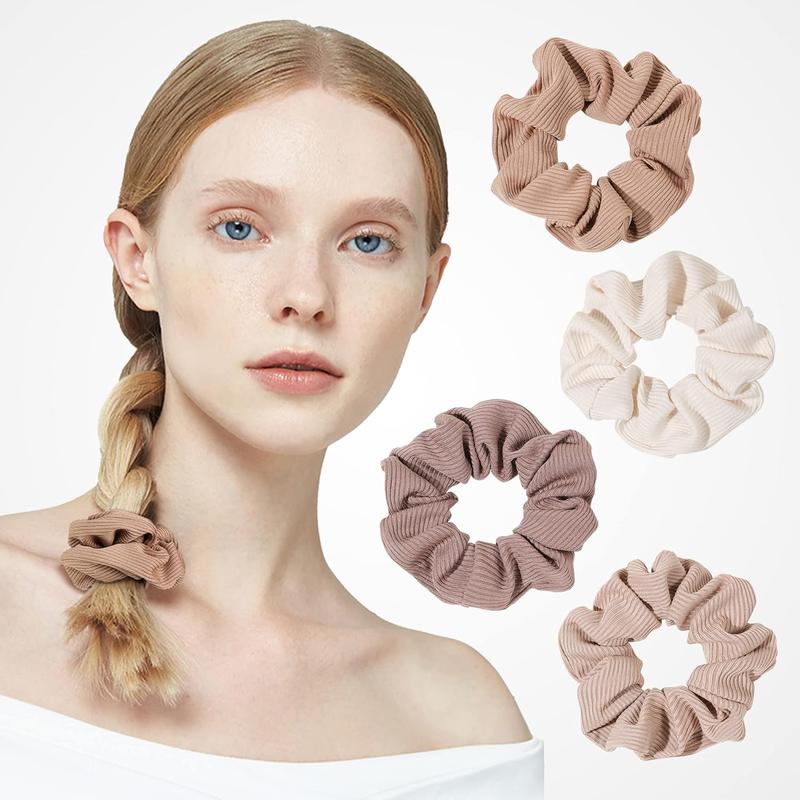 Big Cotton Scrunchies for Women's and Girls, Brown Service, 4 Count, for All Hair Types, No Crease or Damage