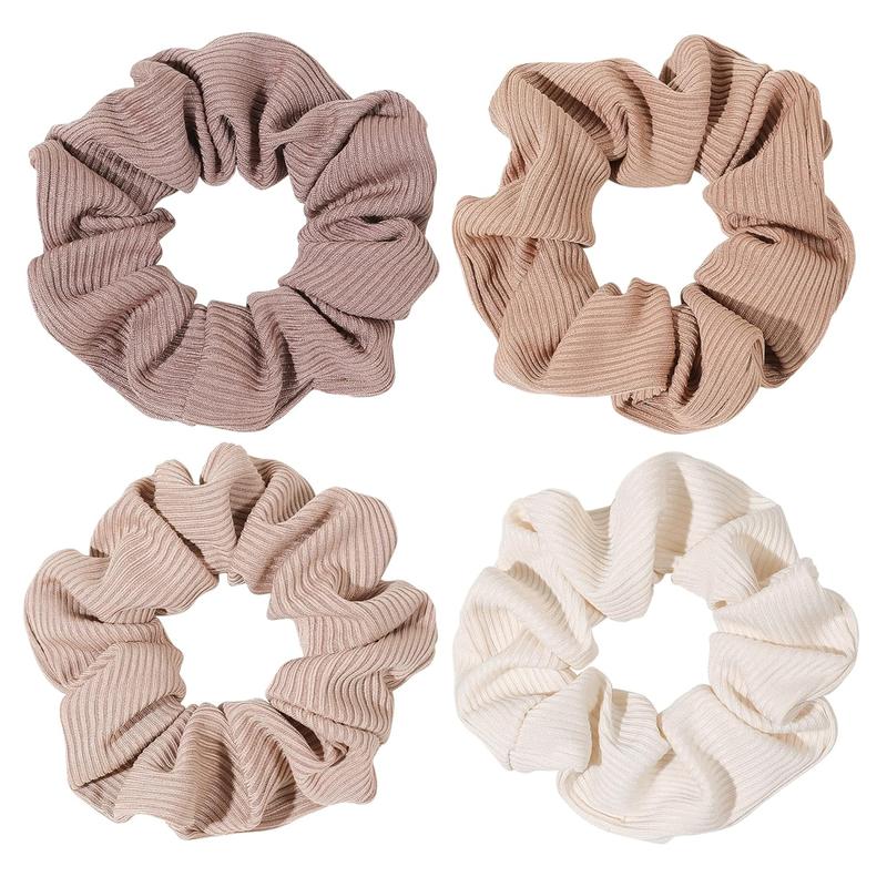 Big Cotton Scrunchies for Women's and Girls, Brown Service, 4 Count, for All Hair Types, No Crease or Damage