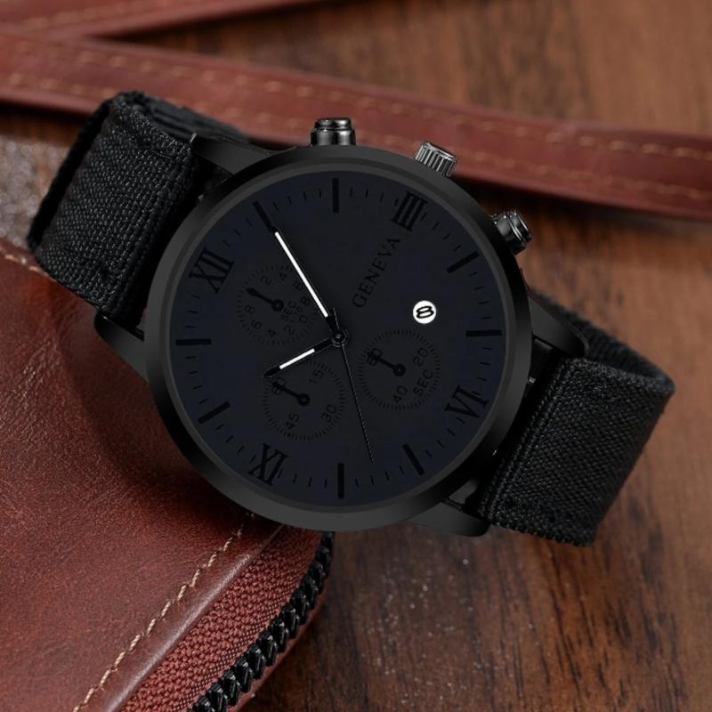 Men's Black Nylon Strap Casual Industrial Style Round Dial Calendar Pointer Quartz Watch And 3pcs Bracelets Set Watch For Men Giving Best Gift Sets