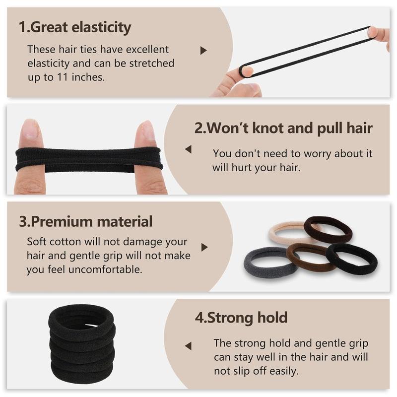 Hair Ties, 100 count No  Hair Elastics Hair Accessories for Women , Thick Seamless Hair Ties, Neutral Color, 5 Colors Included: Black, Brown, Gray, Carnation, Light Brown