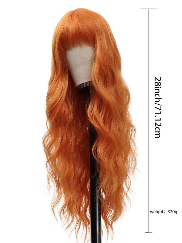 28 Inch Black Long Body Wavy Wigs for Women, Natural Looking Gorgeous Fluffy Wigs with Air Bangs, Synthetic Full Machine Wigs for Party Photography, Daily Use, Birthday Gifts