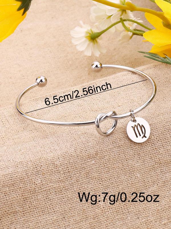 Fashion Stainless Steel Knot Decor 12 Constellation Theme Pendant Cuff Bangle, Casual All-match Jewelry for Girls Gift, Female Classic Fashion Accessories for Daily Wear