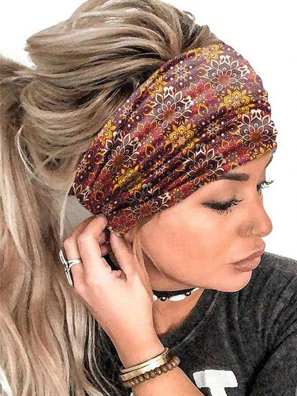 4 Counts Ethnic Floral Pattern Bow Decor Hair Band, Wide Band Headband, Sport Hair Band for Women