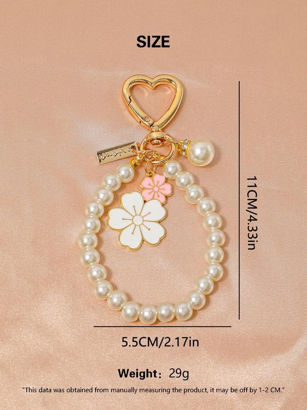 Faux Pearl Decorated Flower Design Keychain, 2024 New Style Cute Keychain for Women & Girls, Wristlet Keychain Accessories for Daily Back To School