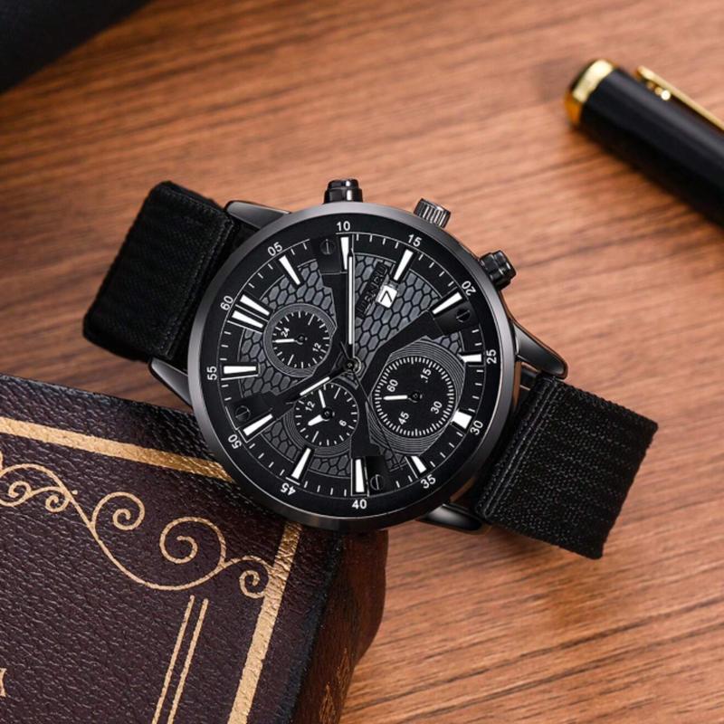 Men's Black Nylon Strap Casual Industrial Style Round Dial Calendar Pointer Quartz Watch And 3pcs Bracelets Set Watch For Men Giving Best Gift Sets