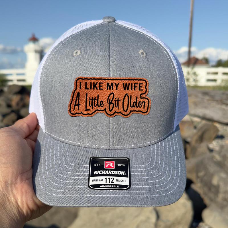 I Like My Wife A Little Bit Older Hat, I Like My Husband A Little Bit Younger Leather Patch For Trucker Hat And Beanie, Beanie Hat for Men & Women, Hat for Fall & Winter, Fashion Accessories for Cold Weather, Winter Hat, Beanie Gifts Christmas