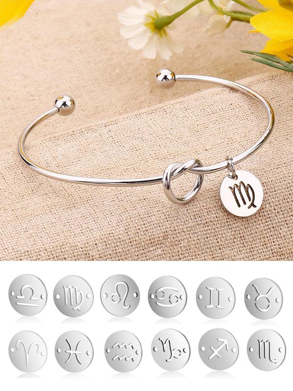 Fashion Stainless Steel Knot Decor 12 Constellation Theme Pendant Cuff Bangle, Casual All-match Jewelry for Girls Gift, Female Classic Fashion Accessories for Daily Wear