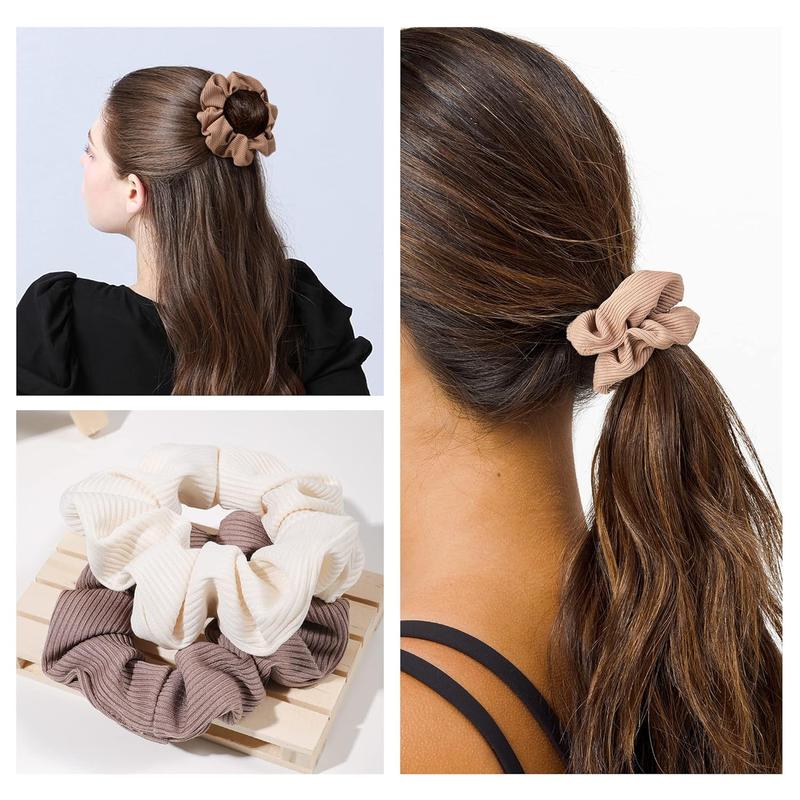 Big Cotton Scrunchies for Women's and Girls, Brown Service, 4 Count, for All Hair Types, No Crease or Damage