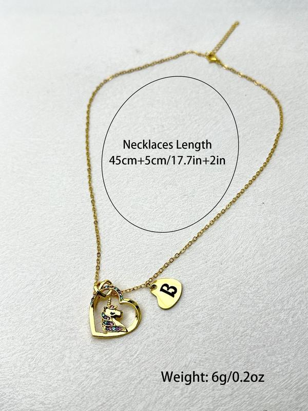 Unicorn Design Pendant Necklace for Women & Girls, Rhinestone Decor Heart Necklace Jewelry for Birthday Gifts, Fashion Accessories for Party, Daily Decor