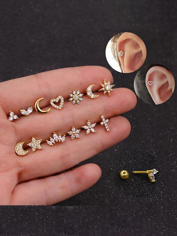 Elegant Rhinestone Decorated Nose Studs, Girlfriend Gifts Jewelry, Heart & Star & Moon Shaped Nose Rings, Fashion Body Piercing Jewelry for Women