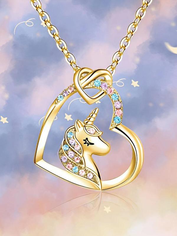 Unicorn Design Pendant Necklace for Women & Girls, Rhinestone Decor Heart Necklace Jewelry for Birthday Gifts, Fashion Accessories for Party, Daily Decor