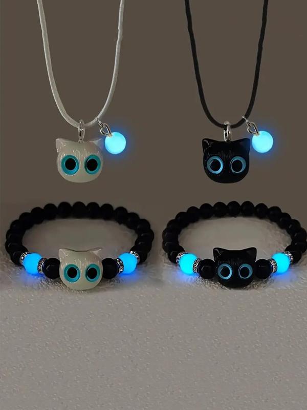 Cute Cat Design Luminous Beaded Bracelet & Necklace, Fashion Jewelry for Party, Daily Clothing Decor, Trendy All-match & Exquisite Jewelry for Birthday Gift