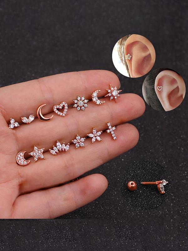 Elegant Rhinestone Decorated Nose Studs, Girlfriend Gifts Jewelry, Heart & Star & Moon Shaped Nose Rings, Fashion Body Piercing Jewelry for Women