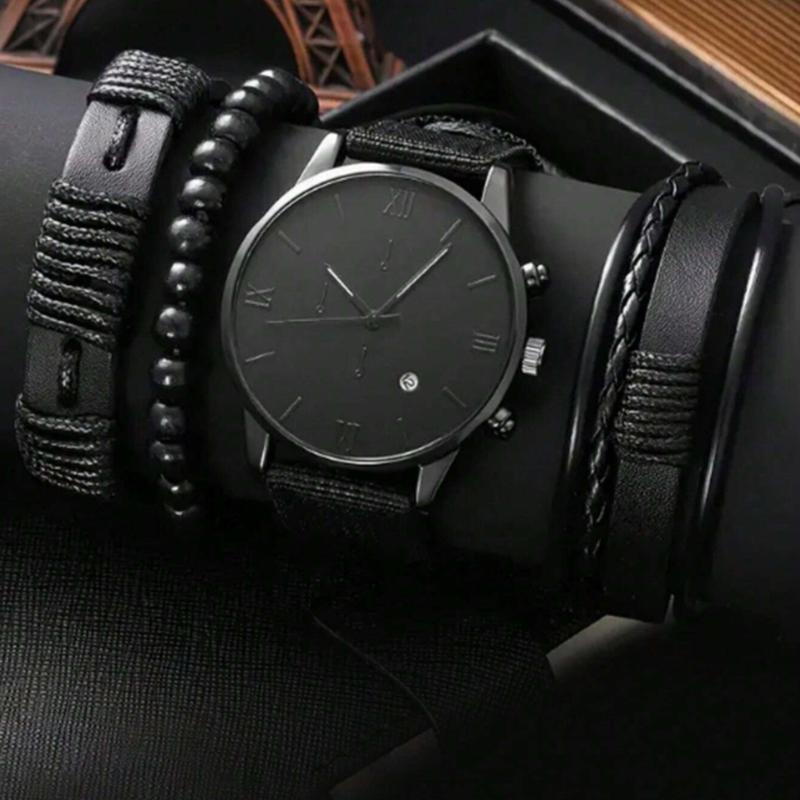 Men's Black Nylon Strap Casual Industrial Style Round Dial Calendar Pointer Quartz Watch And 3pcs Bracelets Set Watch For Men Giving Best Gift Sets