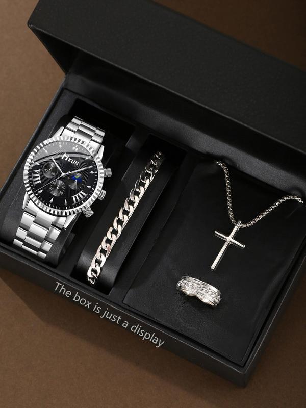 Men's Business Round Dial Quartz Watch & Cross Pendant Necklace & Bracelet & Ring, without Box, Trendy All-match & Exquisite Watch Set for Birthday Gift