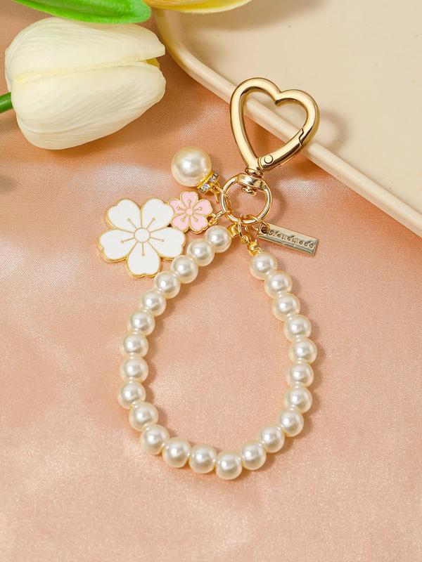 Faux Pearl Decorated Flower Design Keychain, 2024 New Style Cute Keychain for Women & Girls, Wristlet Keychain Accessories for Daily Back To School