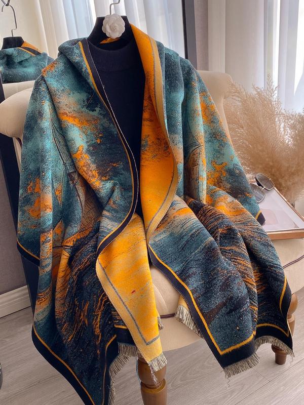 Women's All Over Pattern Raw Hem Design Shawl, Casual Soft Warm Thick Scarf for Fall & Winter, Fashion Accessories for Daily Wear