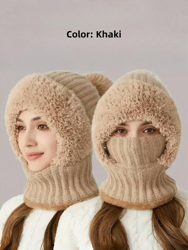 Women's Solid Color Multifunctional Knitted Hat with Pom Pom, Casual Soft Comfortable Warm Hat with Mask & Ear Cover, Windproof Warm Hat for Fall & Winter