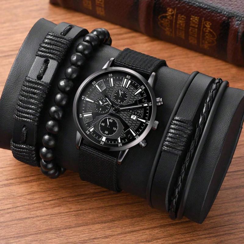 Men's Black Nylon Strap Casual Industrial Style Round Dial Calendar Pointer Quartz Watch And 3pcs Bracelets Set Watch For Men Giving Best Gift Sets