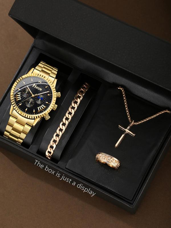 Men's Business Round Dial Quartz Watch & Cross Pendant Necklace & Bracelet & Ring, without Box, Trendy All-match & Exquisite Watch Set for Birthday Gift