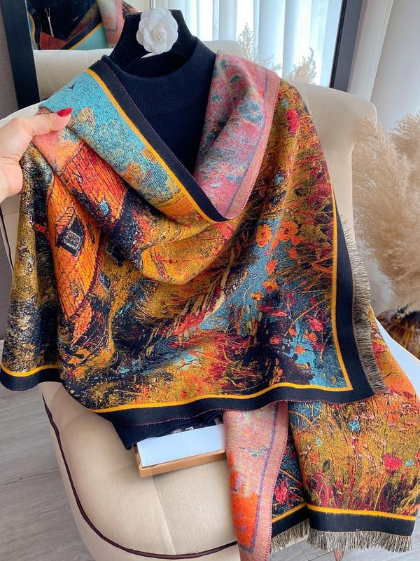 Women's All Over Pattern Raw Hem Design Shawl, Casual Soft Warm Thick Scarf for Fall & Winter, Fashion Accessories for Daily Wear