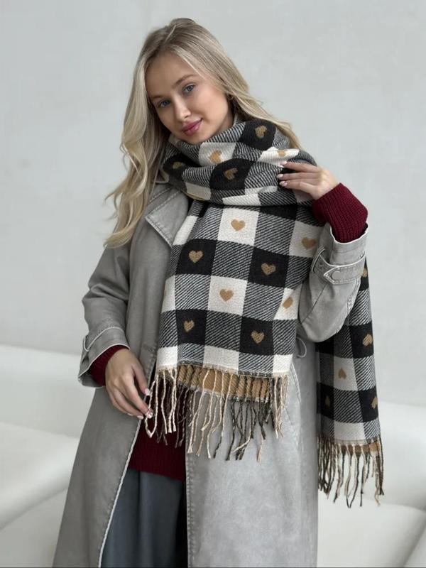 Women's Plaid & Heart Print Tassel Decor Scarf, Casual Soft Warm Thick Shawl for Fall & Winter, Fashion Accessories for Women & Girls